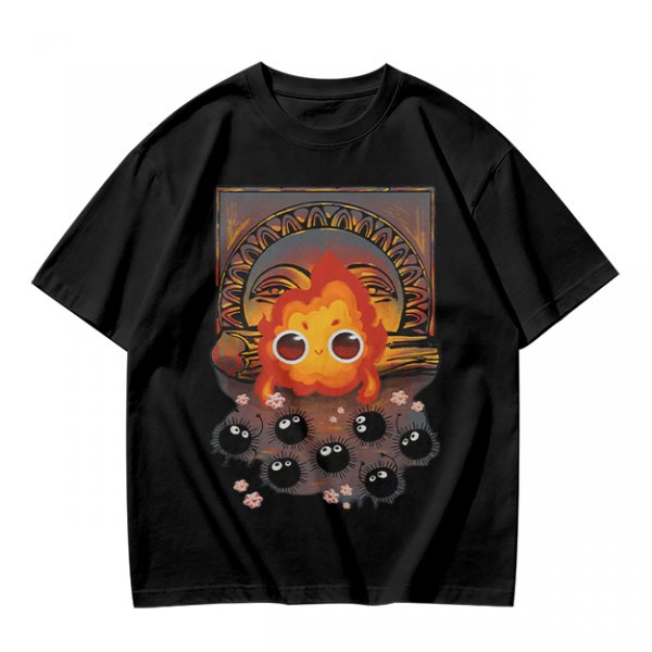 Olive t-shirt with Calcifer and soot sprites graphic print