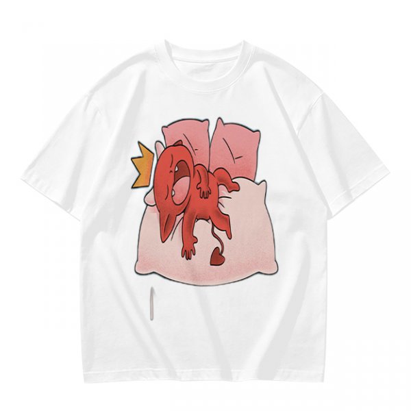 Olive T-Shirt With Cute Red Imp Yawning On Pillows Print