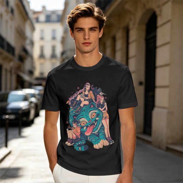Olive T-Shirt With Girls On A Teal Tiger Graphic Print