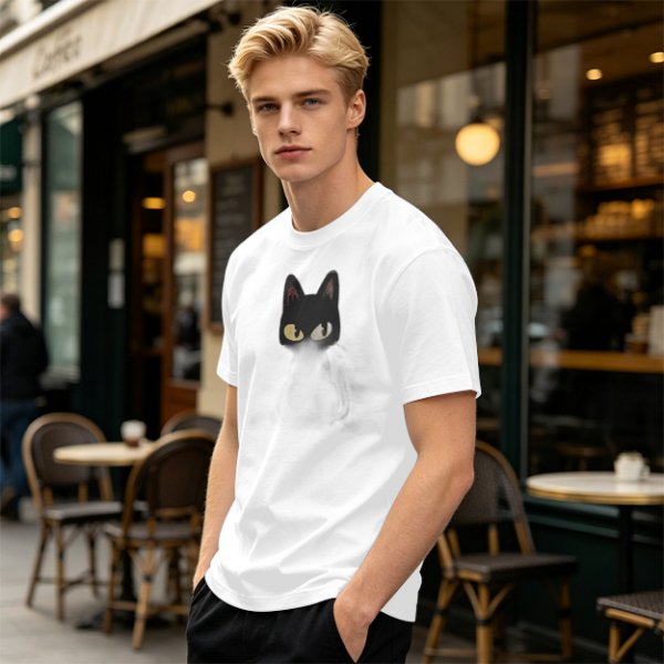 Olive Green T-Shirt With Black Cat Head Graphic Print