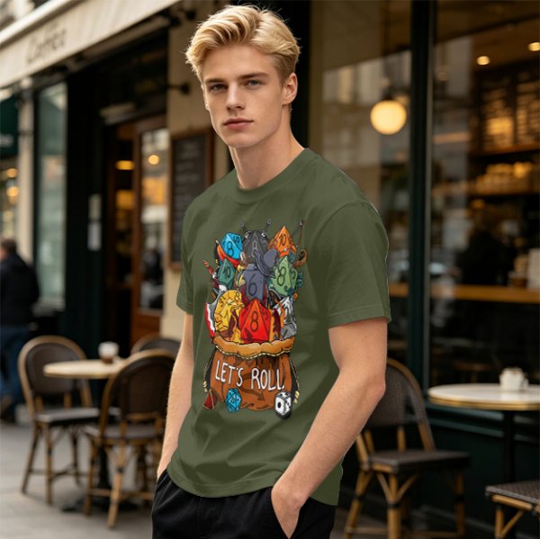 Olive Dungeons and Dragons Dice Bag Let's Roll Graphic T-Shirt