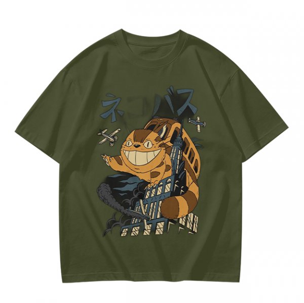 Olive T-shirt with giant cat bus monster and vintage planes graphic