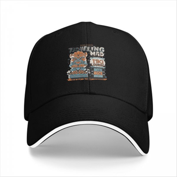 Black baseball cap with Howling Mad Tiki Lounge graphic print