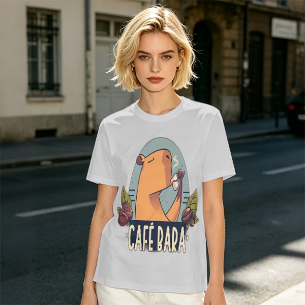 Olive t-shirt with capybara drinking coffee graphic