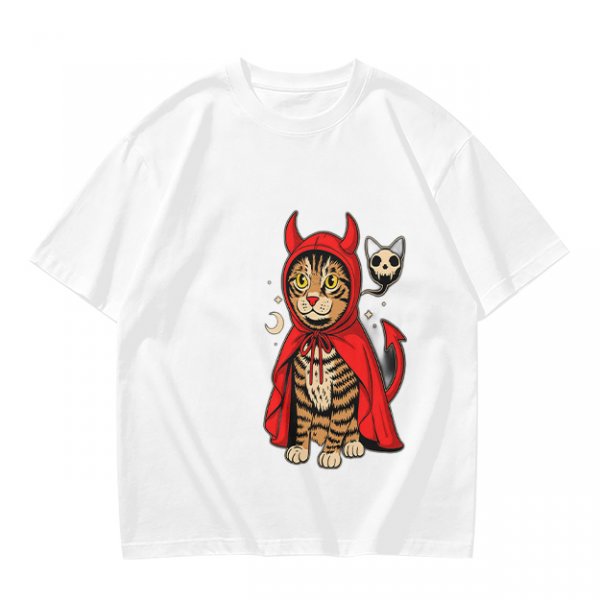 Olive T-shirt with a tabby cat in a devil hood and skull cat graphic