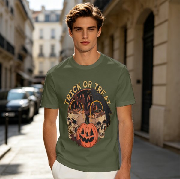 Olive Halloween Trick or Treat Skull Jack-o'-lantern Graphic T-Shirt