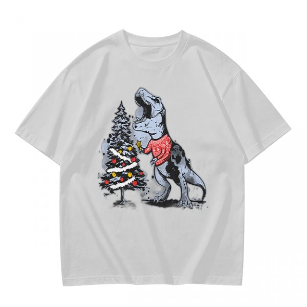 Olive T-shirt with T-Rex in Christmas sweater decorating a tree