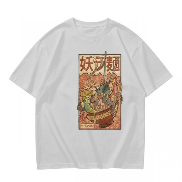 Olive T-shirt with Vintage Yokai Ramen Bowl Graphic Print