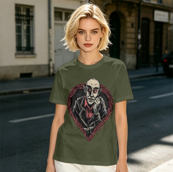 Olive T-shirt with Nosferatu Vampire in Red Heart Frame
