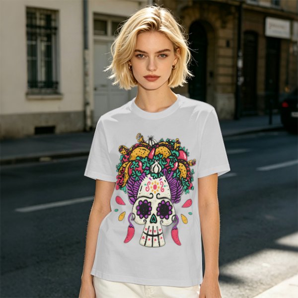 Olive T-Shirt with Day of the Dead Sugar Skull and Taco Food Art
