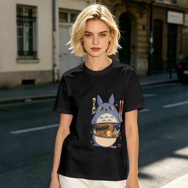 Olive T-shirt with Totoro ramen bowl graphic print