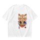 Olive green t-shirt with a cute cat eating ramen graphic