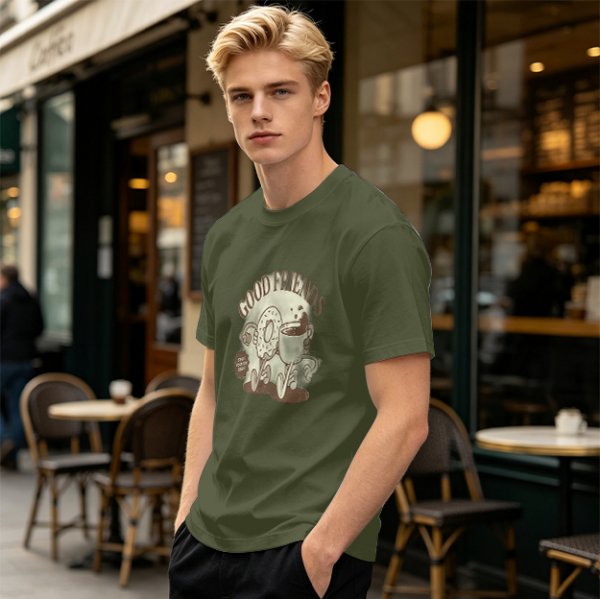 Olive green graphic t-shirt with good friends donut and coffee print