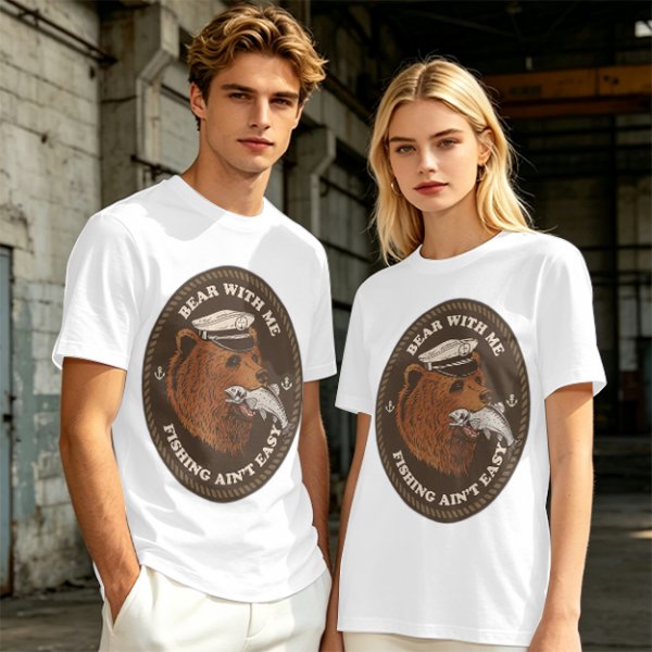 Olive t-shirt with bear captain fishing pun graphic