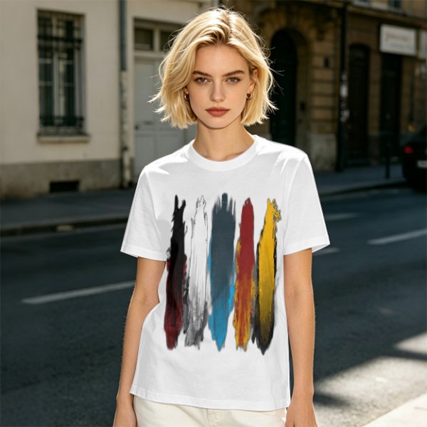 Olive Green T-Shirt With Vertical Colorful Brushstroke Figure Art