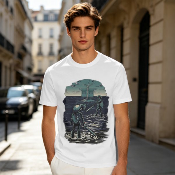 Olive T-shirt with two warriors standing in water holding swords