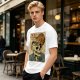 Olive t-shirt with a skull ramen bowl and a napping tabby cat print