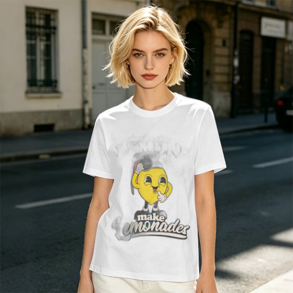 Olive green t-shirt with cheerful lemon mascot graphic and make lemonades text
