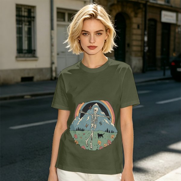 Olive T-shirt with Dancing Skeleton Mountain Rainbow Cat Graphic
