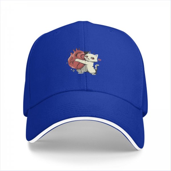 Black Baseball Cap With Cute White Cat Hugging Anatomical Heart Art