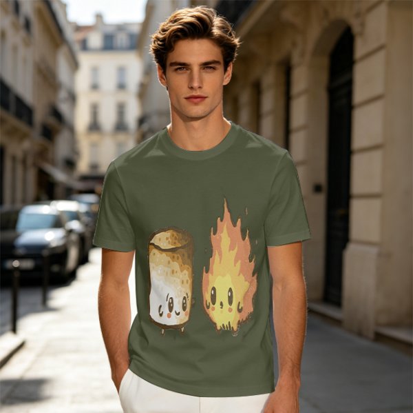 Olive T-Shirt With Cute Roasted Marshmallow And Fire Graphic