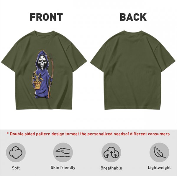 Olive T-Shirt With Cute Grim Reaper Holding Wilted Potted Plant Print