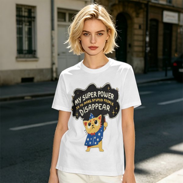 Olive T-shirt with Wizard Cat 'My Super Power Is To Make Stupid People Disappear' Print