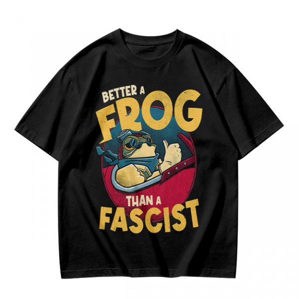 Olive graphic t-shirt with 'Better a Frog Than a Fascist' pilot frog design