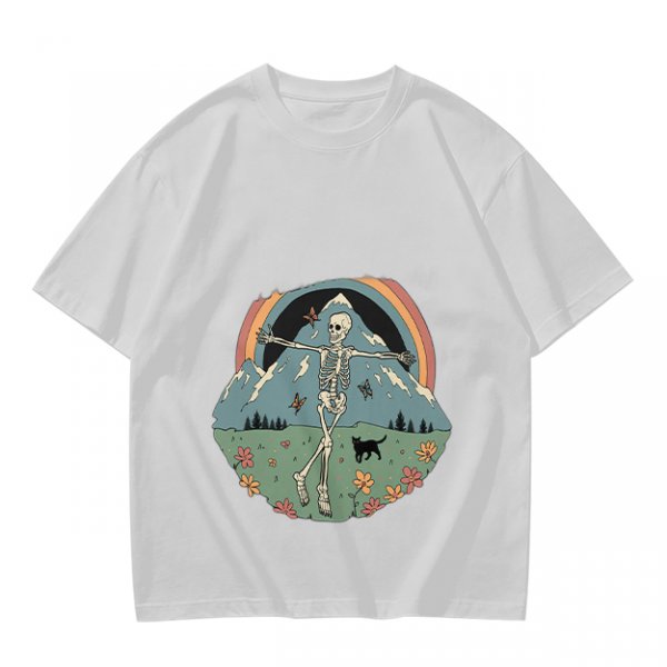 Olive T-shirt with Dancing Skeleton Mountain Rainbow Cat Graphic