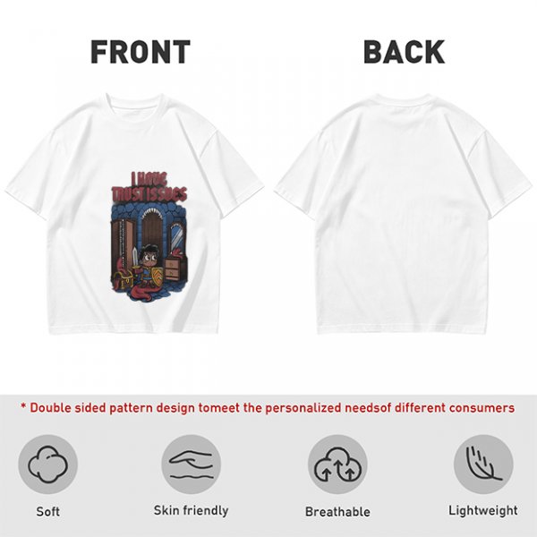 Olive t-shirt with 'I Have Trust Issues' chibi knight graphic