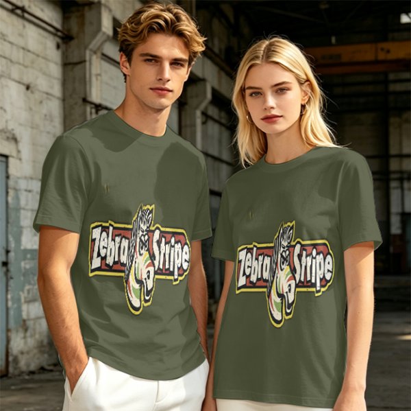 Olive green graphic t-shirt with zebra stripe design