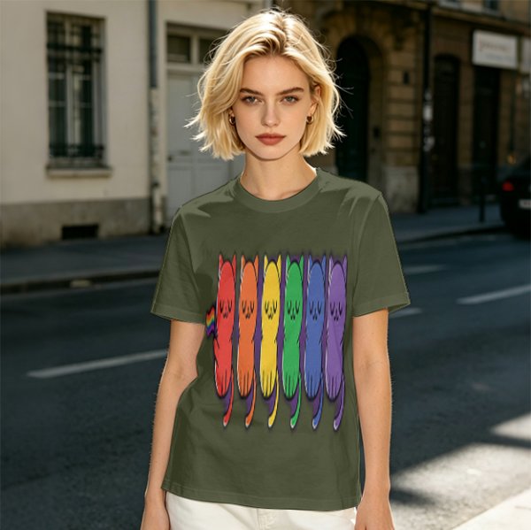 Olive T-Shirt With Rainbow Pride Cats Graphic