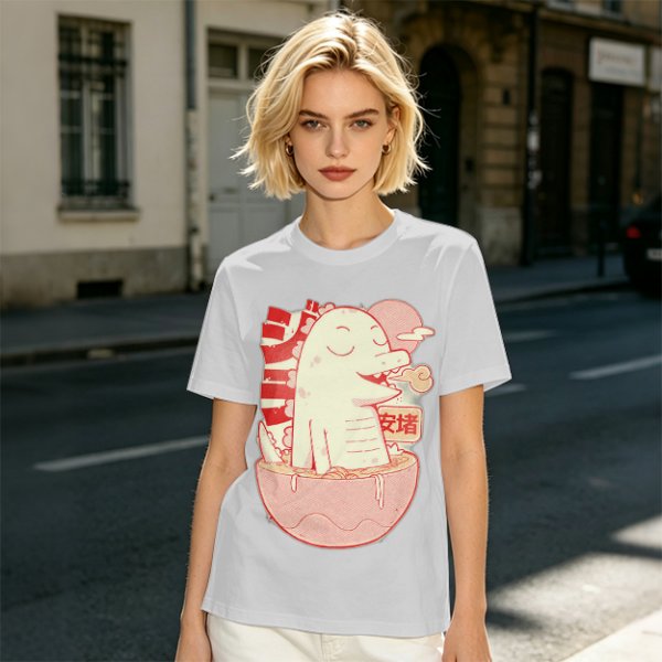 Olive t-shirt with a cartoon dinosaur in a ramen bowl graphic