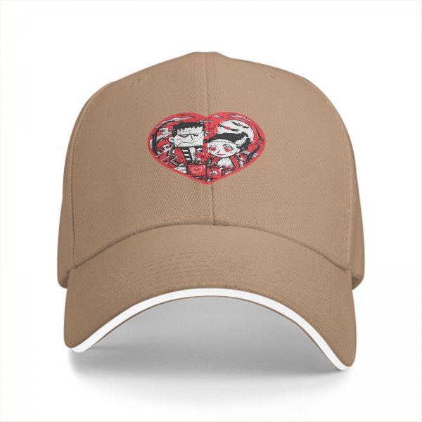 Black baseball cap with Frankenstein and bride heart graphic