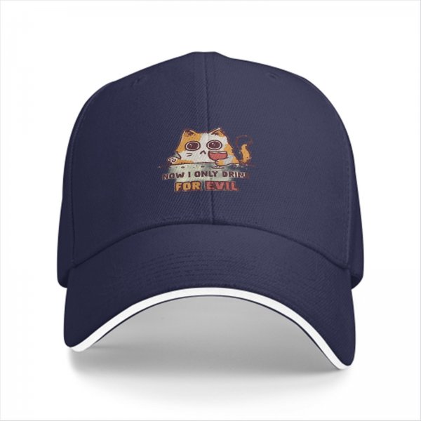 Black baseball cap with cat graphic and 'now i only drink for evil' text