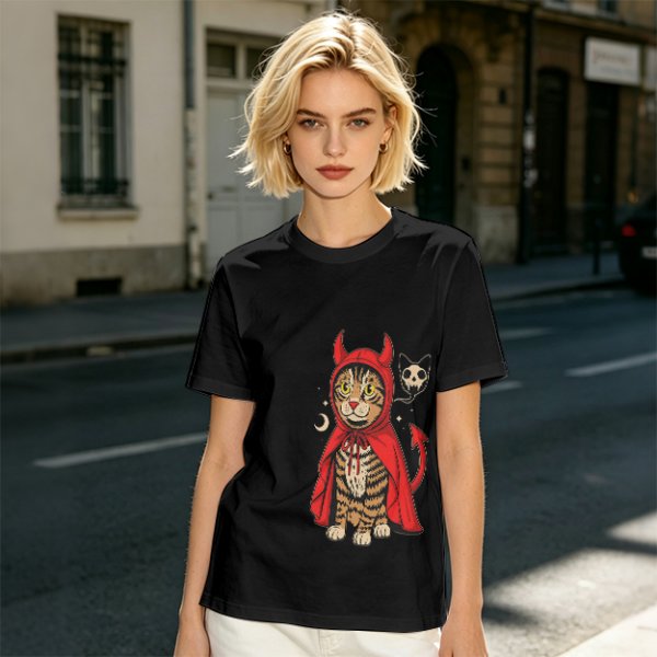Olive T-shirt with a tabby cat in a devil hood and skull cat graphic