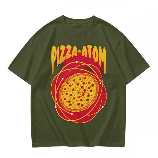 Olive green graphic t-shirt with pizza atom design