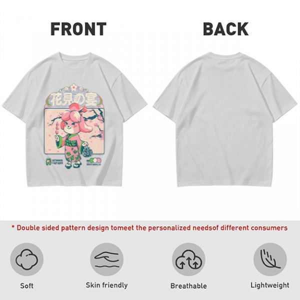 Olive green t-shirt with cherry blossom festival dog character print