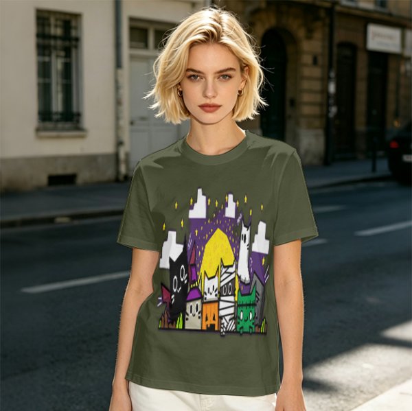 Olive T-Shirt With Halloween Themed Cute Cat Characters Print