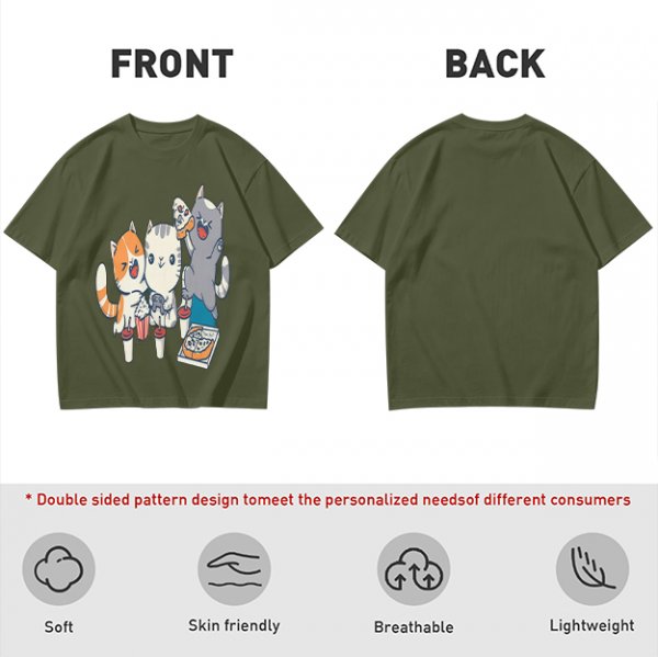 Olive T-Shirt With Cute Cats Enjoying Pizza And Snacks Print