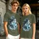 Olive T-shirt with Waterbender Character and Wave Art Print