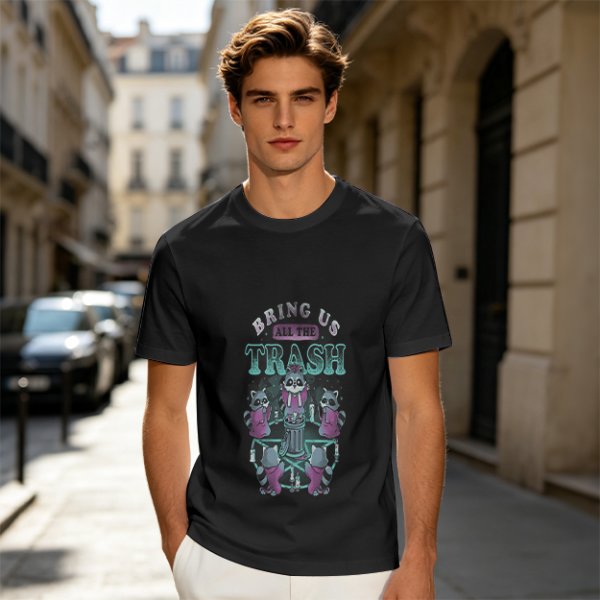 Olive graphic t-shirt with raccoons and 'Bring Us All The Trash' text