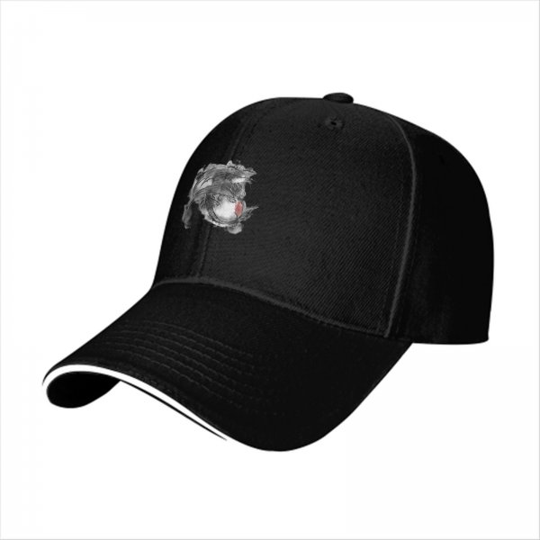 Black Baseball Cap With Abstract Feather And Red Accent Print