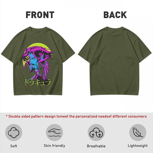Olive t-shirt with neon vampire Dracula graphic and Japanese text
