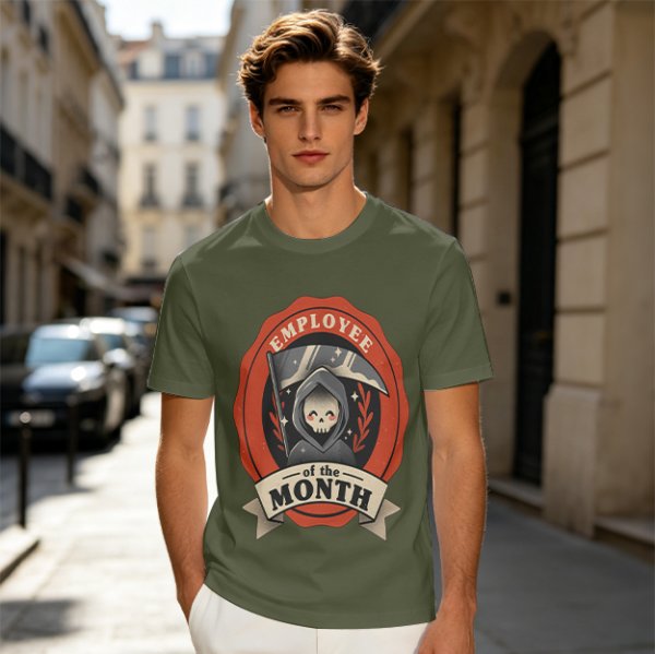 Olive T-Shirt with Cute Grim Reaper Employee of the Month Print