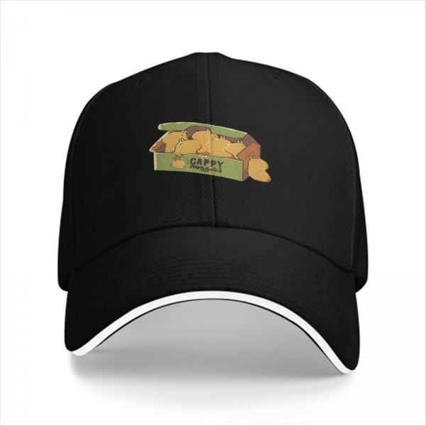 Black baseball cap with capybara snack box graphic