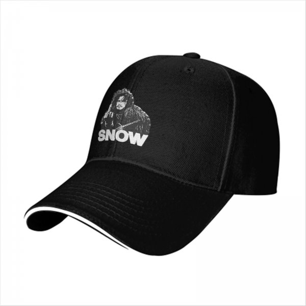 Black baseball cap with Jon Snow graphic and SNOW text
