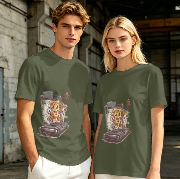 Olive T-shirt with cartoon pizza running on treadmill graphic