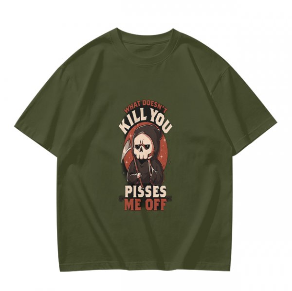 Olive t-shirt with grim reaper graphic and provocative text