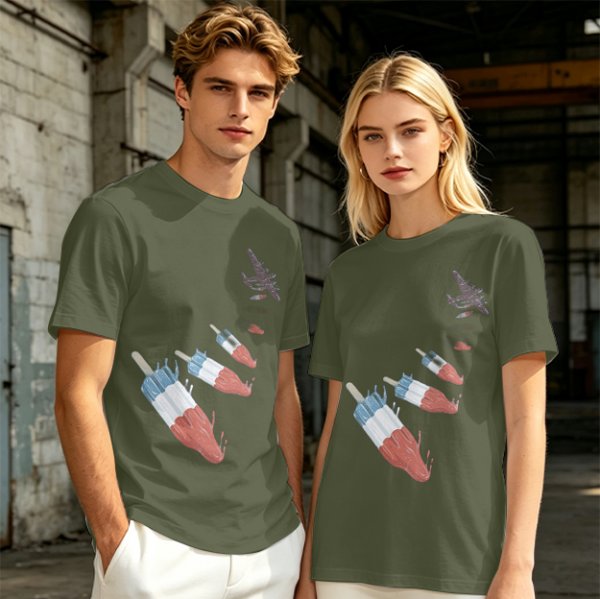 Olive T-Shirt With Melting Red White Blue Popsicle Print